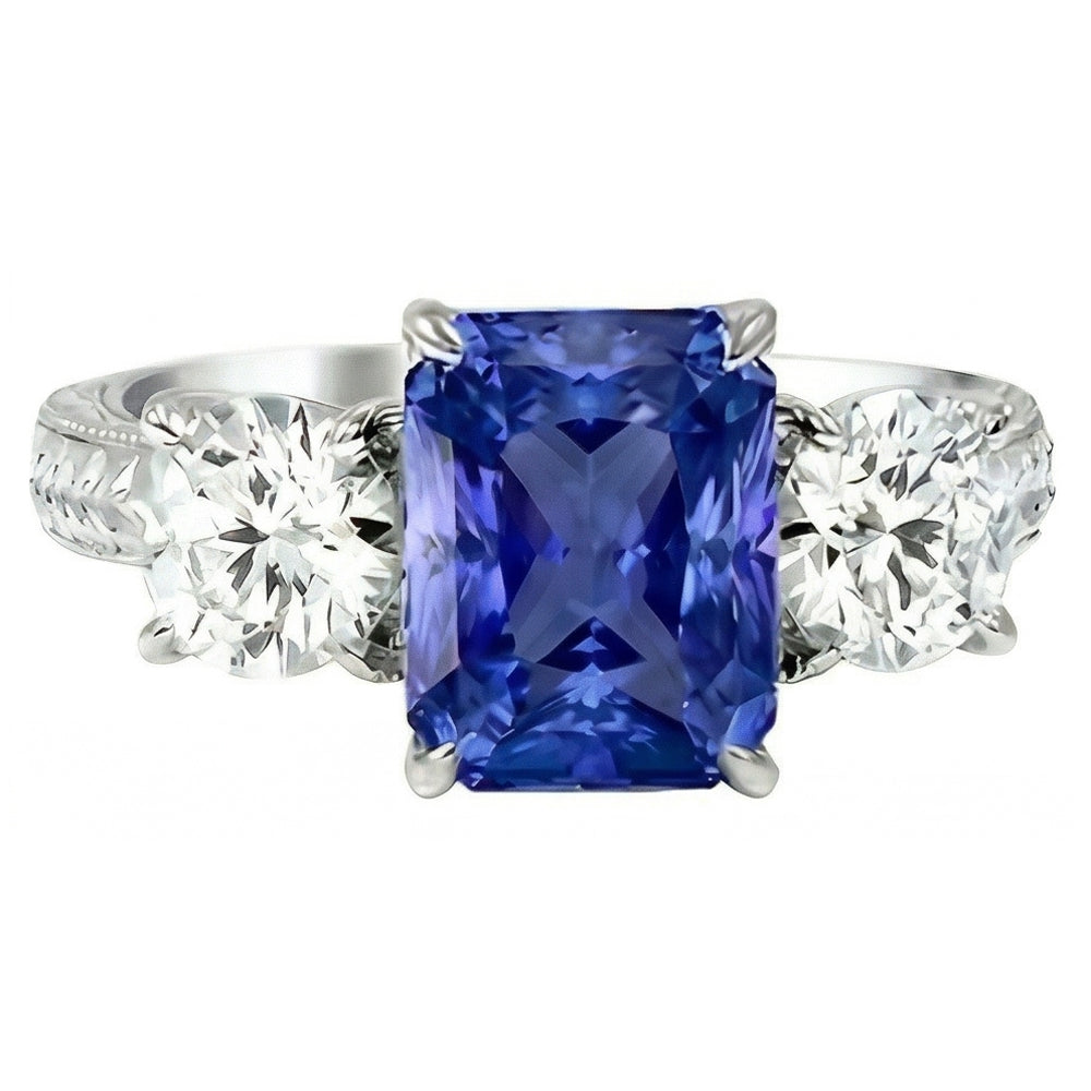 Round Natural Earth Mined Diamond 3 Stone Ring Ceylon Sapphire 3.50 Carats Milgrain Gold