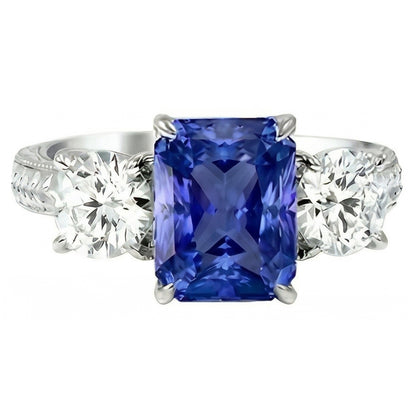 Round Natural Earth Mined Diamond 3 Stone Ring Ceylon Sapphire 3.50 Carats Milgrain Gold