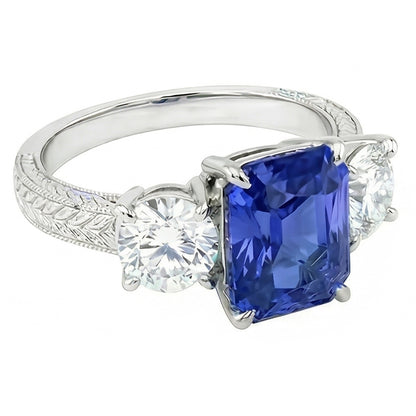 Round Natural Earth Mined Diamond 3 Stone Ring Ceylon Sapphire 3.50 Carats Milgrain Gold