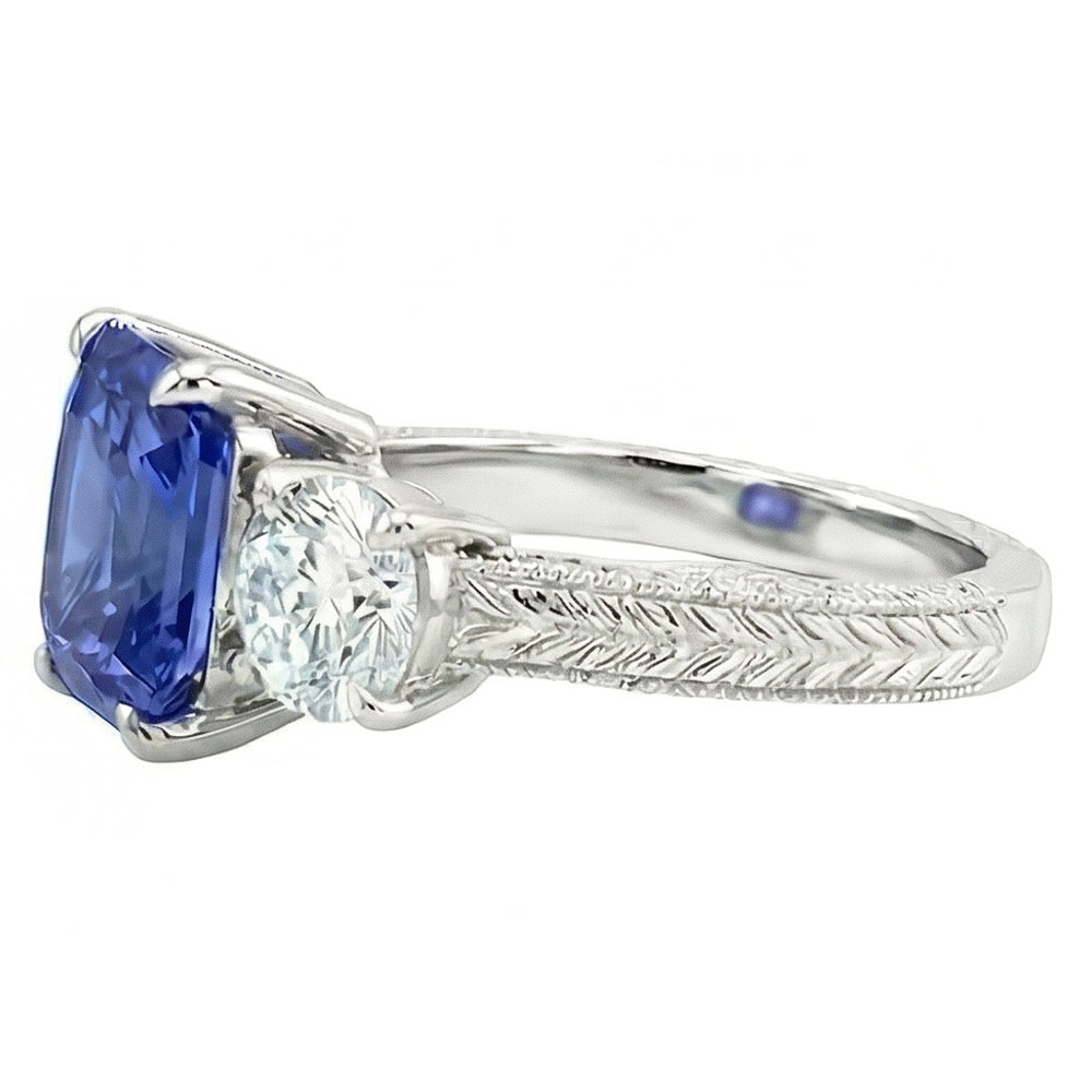 Round Natural Earth Mined Diamond 3 Stone Ring Ceylon Sapphire 3.50 Carats Milgrain Gold