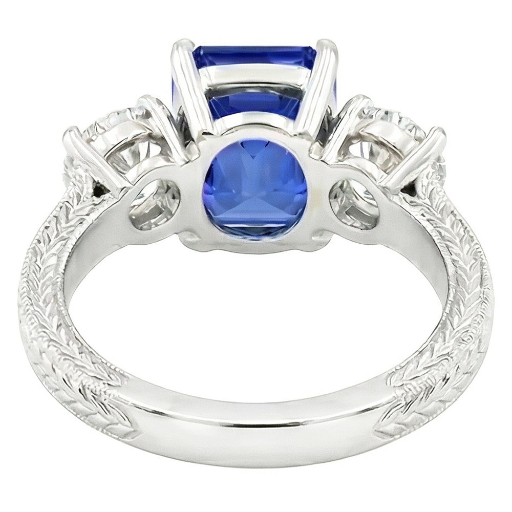 Round Natural Earth Mined Diamond 3 Stone Ring Ceylon Sapphire 3.50 Carats Milgrain Gold
