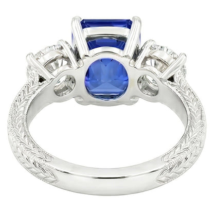 Round Natural Earth Mined Diamond 3 Stone Ring Ceylon Sapphire 3.50 Carats Milgrain Gold