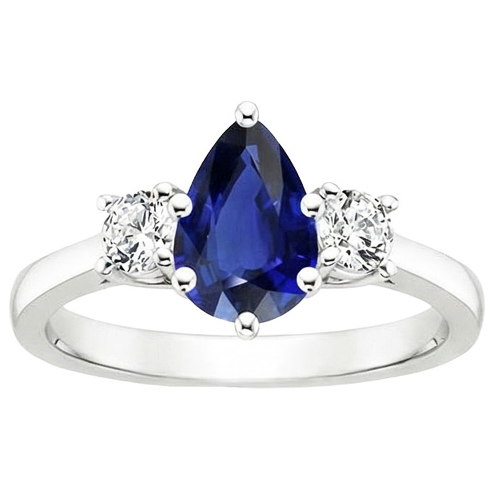 Round Natural Earth Mined Diamond 3 Stones Ring Pear Cut Ceylon Sapphire 3 Carats