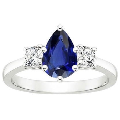 Round Natural Earth Mined Diamond 3 Stones Ring Pear Cut Ceylon Sapphire 3 Carats