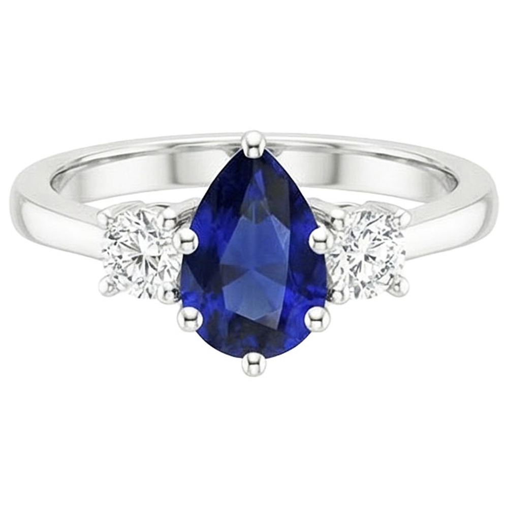 Round Natural Earth Mined Diamond 3 Stones Ring Pear Cut Ceylon Sapphire 3 Carats