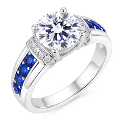 Round Natural Earth Mined Diamond Accented Blue Sapphire Stones Ring 3 Carats