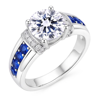 Round Natural Earth Mined Diamond Accented Blue Sapphire Stones Ring 3 Carats
