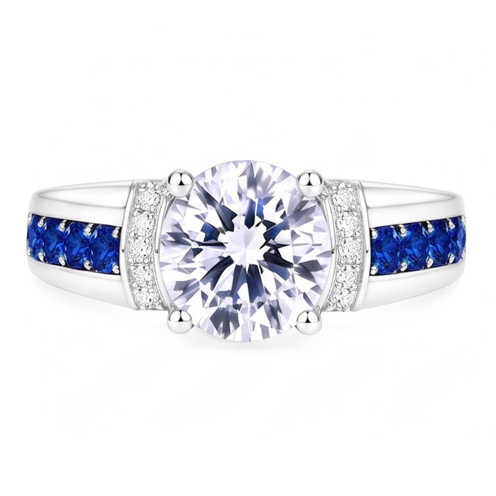 Round Natural Earth Mined Diamond Accented Blue Sapphire Stones Ring 3 Carats