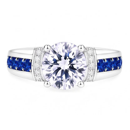 Round Natural Earth Mined Diamond Accented Blue Sapphire Stones Ring 3 Carats