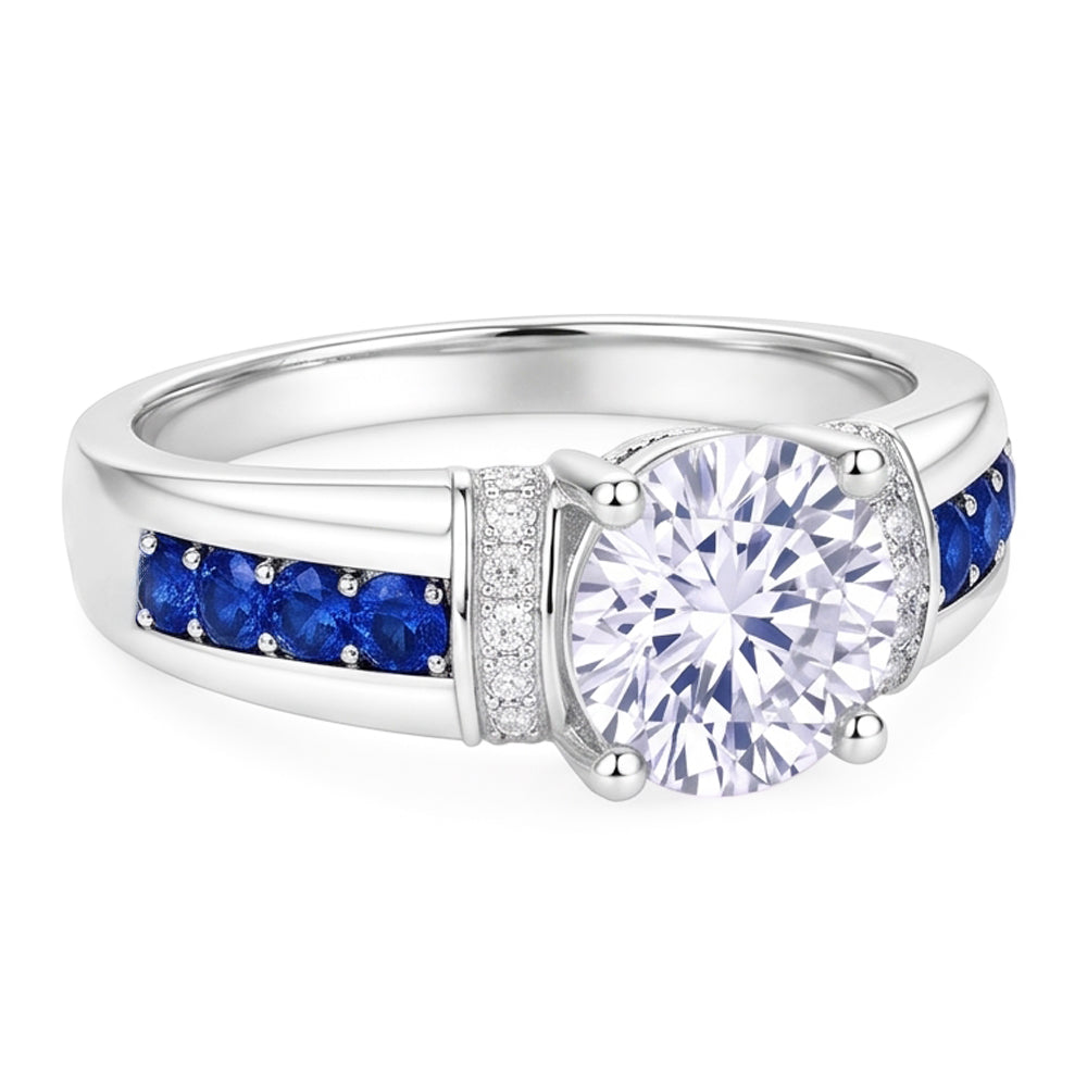 Round Natural Earth Mined Diamond Accented Blue Sapphire Stones Ring 3 Carats