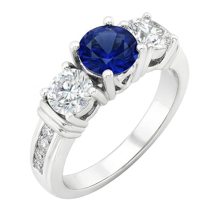 Round Natural Earth Mined Diamond Bezel Set Blue Sapphire Ring 3 Carats White Gold 14K
