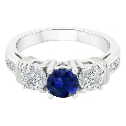 Round Natural Earth Mined Diamond Bezel Set Blue Sapphire Ring 3 Carats White Gold 14K