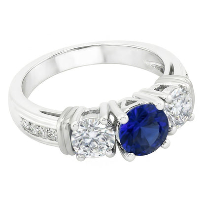 Round Natural Earth Mined Diamond Bezel Set Blue Sapphire Ring 3 Carats White Gold 14K