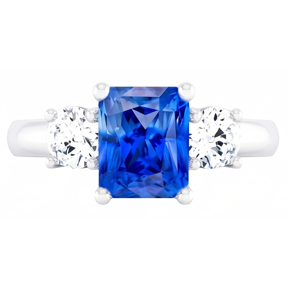Round Natural Earth Mined Diamond Blue Sapphire Anniversary Ring 2.50 Carats Women 3 Stone