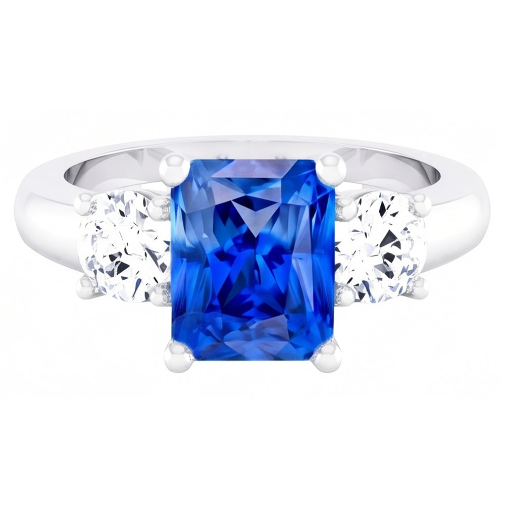 Round Natural Earth Mined Diamond Blue Sapphire Anniversary Ring 2.50 Carats Women 3 Stone