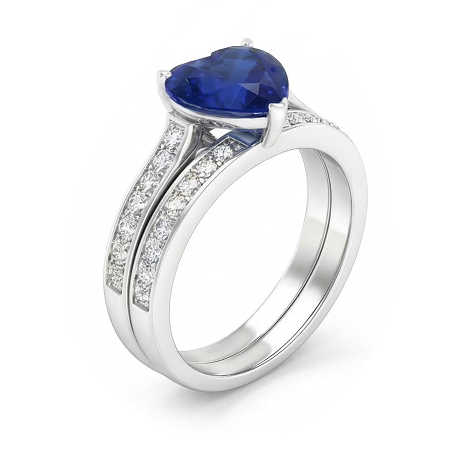Round Natural Earth Mined Diamond Blue Sapphire Engagement Ring Set With Band 4 Carats