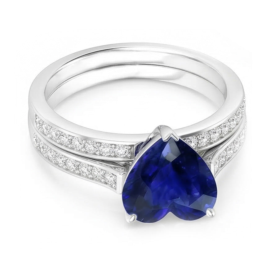 Round Natural Earth Mined Diamond Blue Sapphire Engagement Ring Set With Band 4 Carats