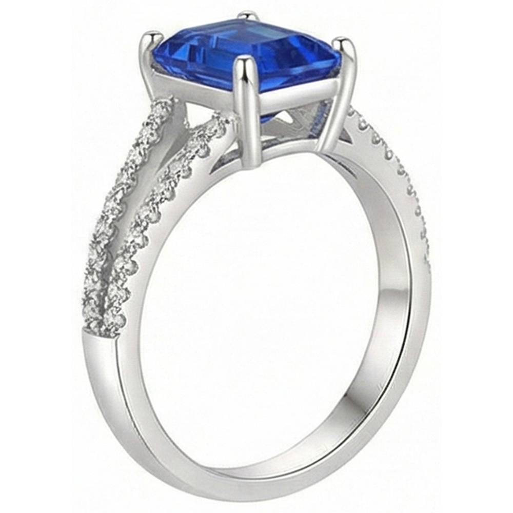 Round Natural Earth Mined Diamond Ceylon Sapphire Engagement Ring 2.50 Carats Split Shank