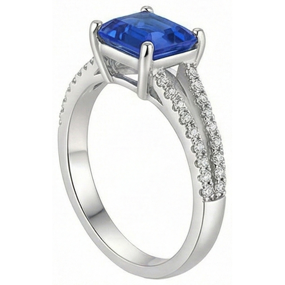 Round Natural Earth Mined Diamond Ceylon Sapphire Engagement Ring 2.50 Carats Split Shank