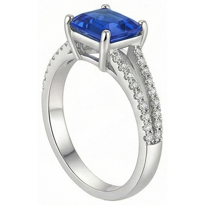Round Natural Earth Mined Diamond Ceylon Sapphire Engagement Ring 2.50 Carats Split Shank