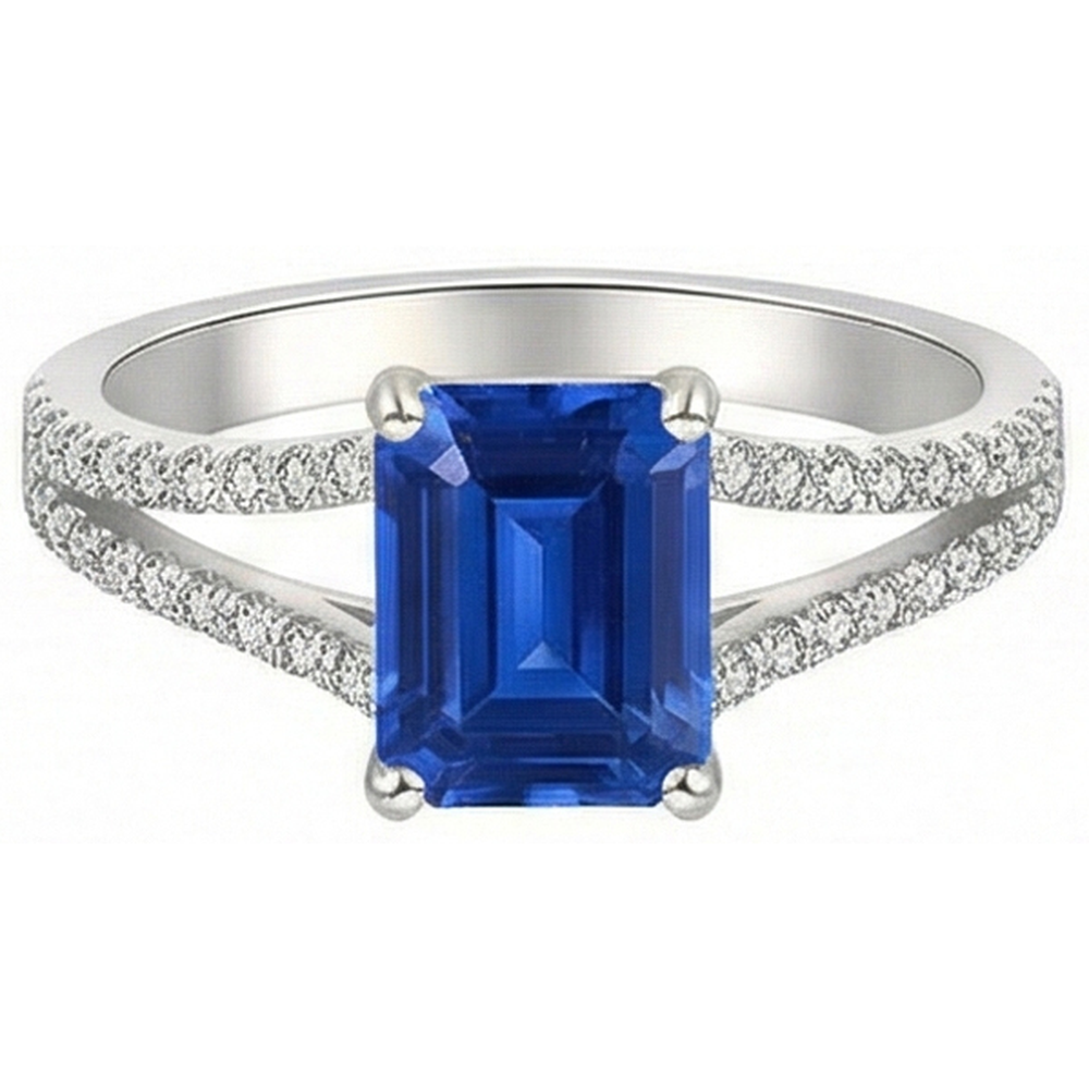 Round Natural Earth Mined Diamond Ceylon Sapphire Engagement Ring 2.50 Carats Split Shank