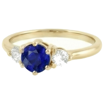 Round Natural Earth Mined Diamond Ceylon Sapphire Ring 2 Carats 3 Stone Yellow Gold Prongs
