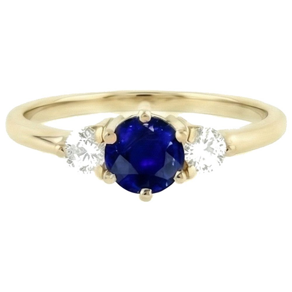 Round Natural Earth Mined Diamond Ceylon Sapphire Ring 2 Carats 3 Stone Yellow Gold Prongs
