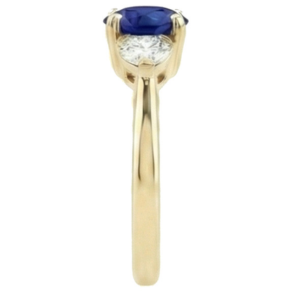 Round Natural Earth Mined Diamond Ceylon Sapphire Ring 2 Carats 3 Stone Yellow Gold Prongs