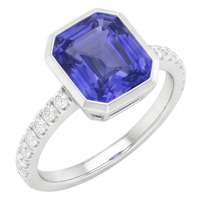 Round Natural Earth Mined Diamond Ceylon Sapphire Ring Bezel Set 4 Carats Pave Set Accents