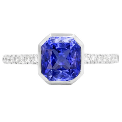 Round Natural Earth Mined Diamond Ceylon Sapphire Ring Bezel Set 4 Carats Pave Set Accents