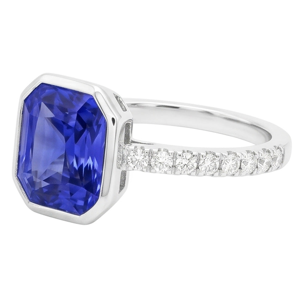 Round Natural Earth Mined Diamond Ceylon Sapphire Ring Bezel Set 4 Carats Pave Set Accents