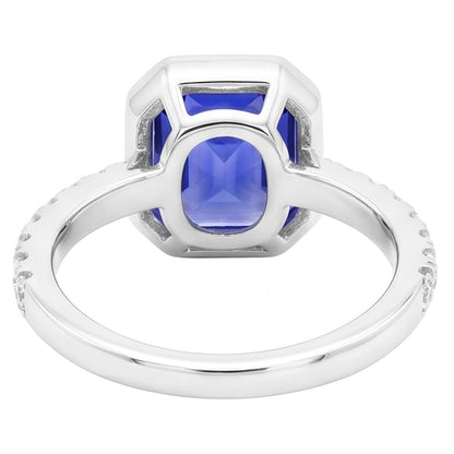 Round Natural Earth Mined Diamond Ceylon Sapphire Ring Bezel Set 4 Carats Pave Set Accents