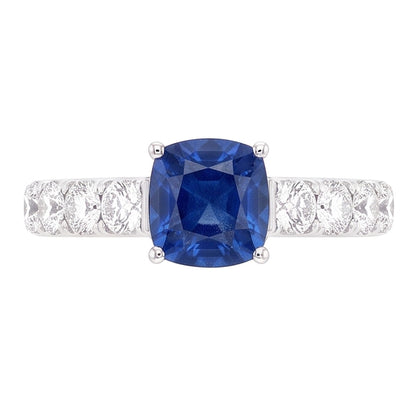 Round Natural Earth Mined Diamond Cushion Blue Sapphire Gemstone Ring 3 Carats White Gold