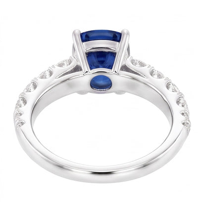 Round Natural Earth Mined Diamond Cushion Blue Sapphire Gemstone Ring 3 Carats White Gold