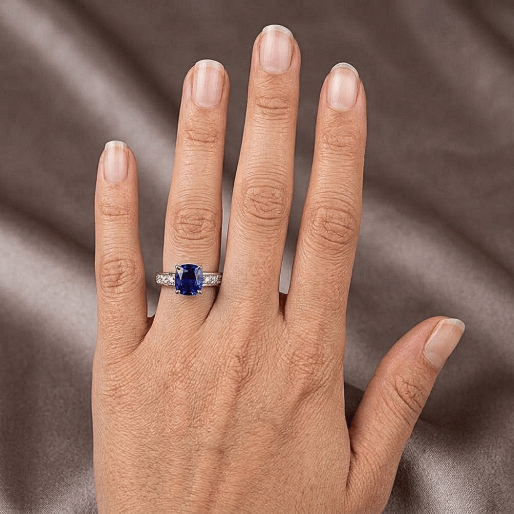 Round Natural Earth Mined Diamond Cushion Sapphire Gemstone Ring 3.50 Carats White Gold