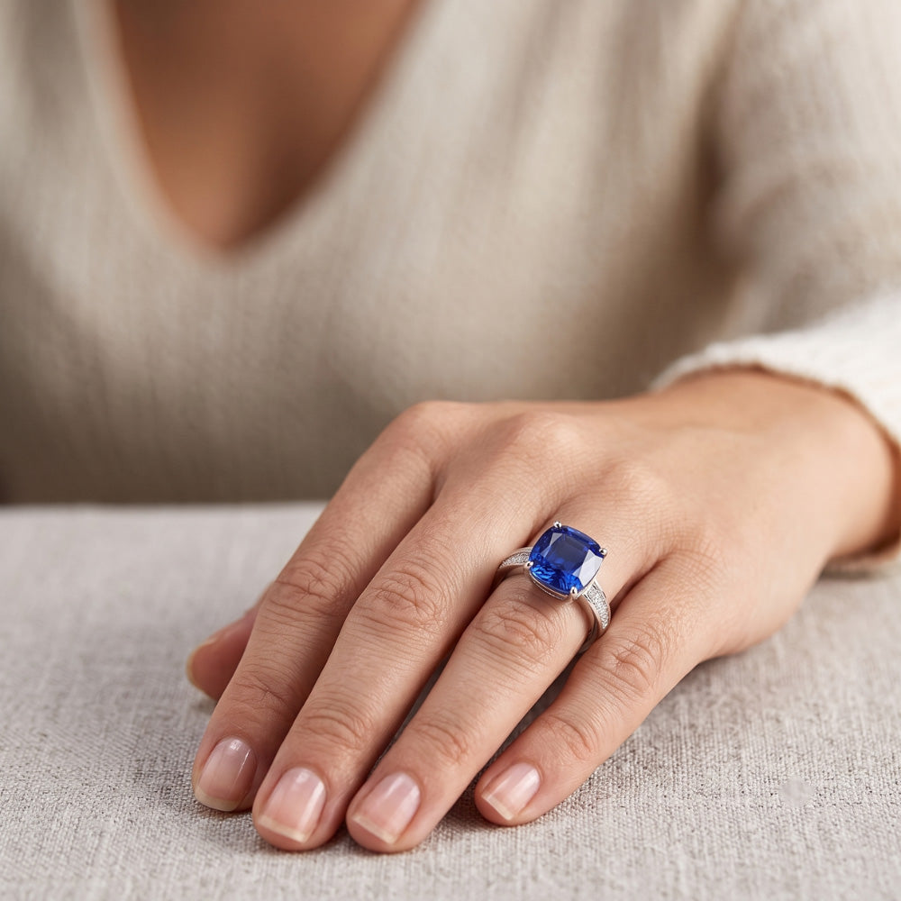 Round Natural Earth Mined Diamond Cushion Sapphire Gemstone Ring 3.50 Carats White Gold