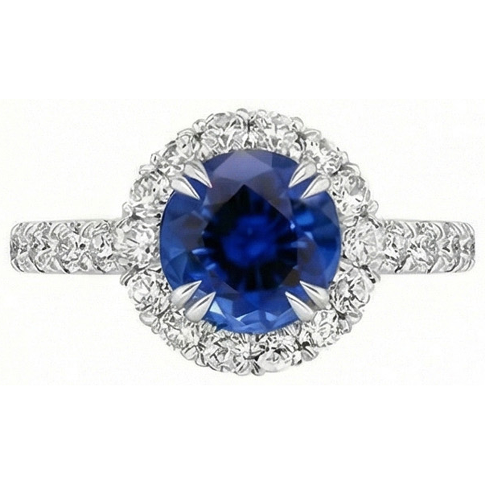 Round Natural Earth Mined Diamond Engagement Ring Halo Ceylon Sapphire Jewelry 3.50 Carats