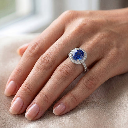 Round Natural Earth Mined Diamond Engagement Ring Halo Ceylon Sapphire Jewelry 3.50 Carats