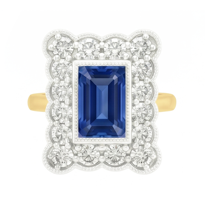 Round Natural Earth Mined Diamond Flower Style Halo Blue Sapphire Ring 3 Carats