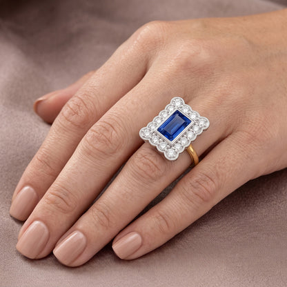 Round Natural Earth Mined Diamond Flower Style Halo Blue Sapphire Ring 3 Carats