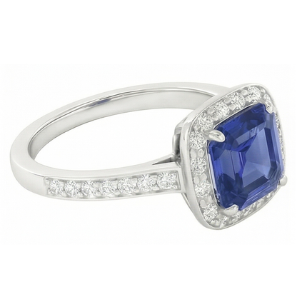 Round Natural Earth Mined Diamond Halo Asscher Blue Sapphire Engagement Ring 1.75 Carats