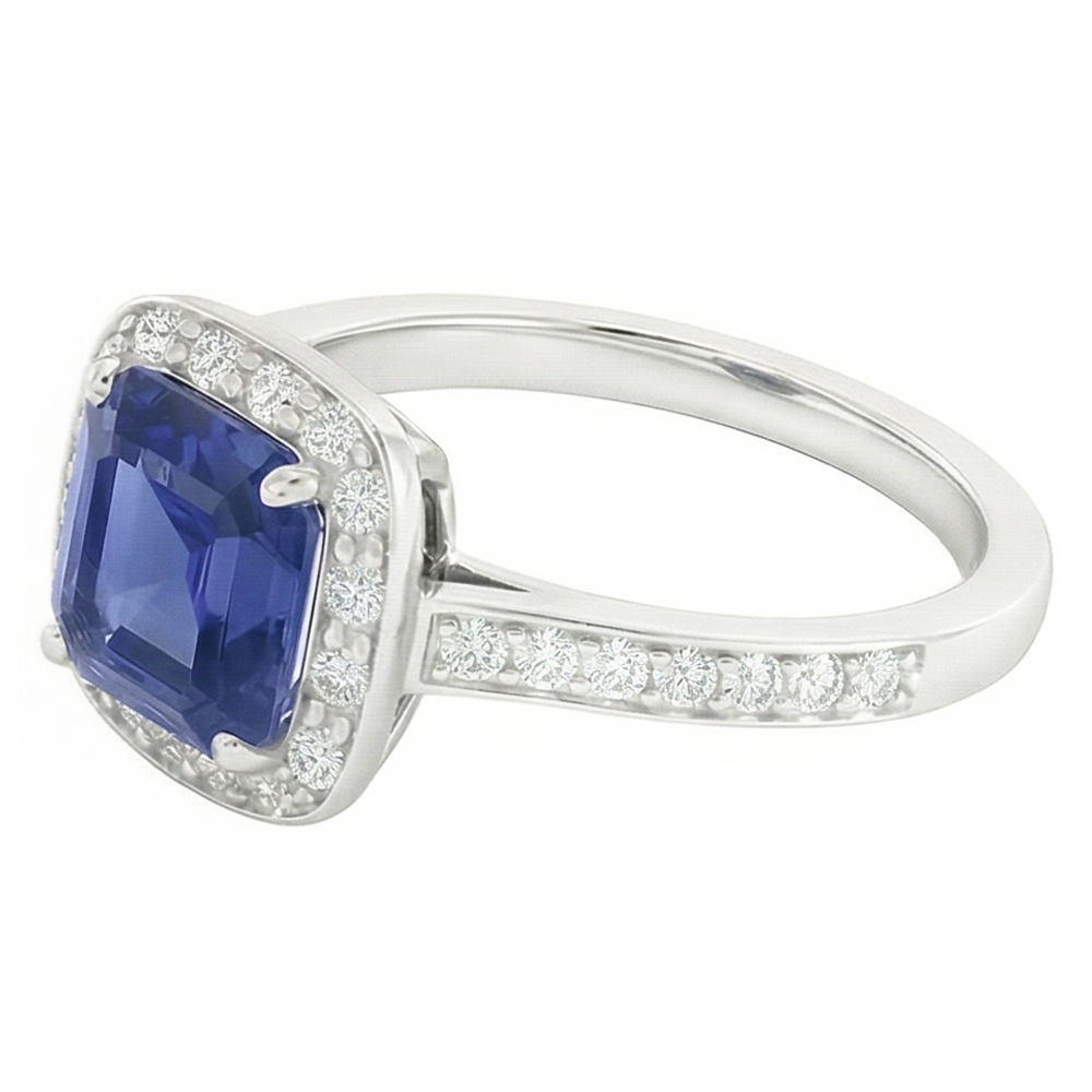 Round Natural Earth Mined Diamond Halo Asscher Blue Sapphire Engagement Ring 1.75 Carats