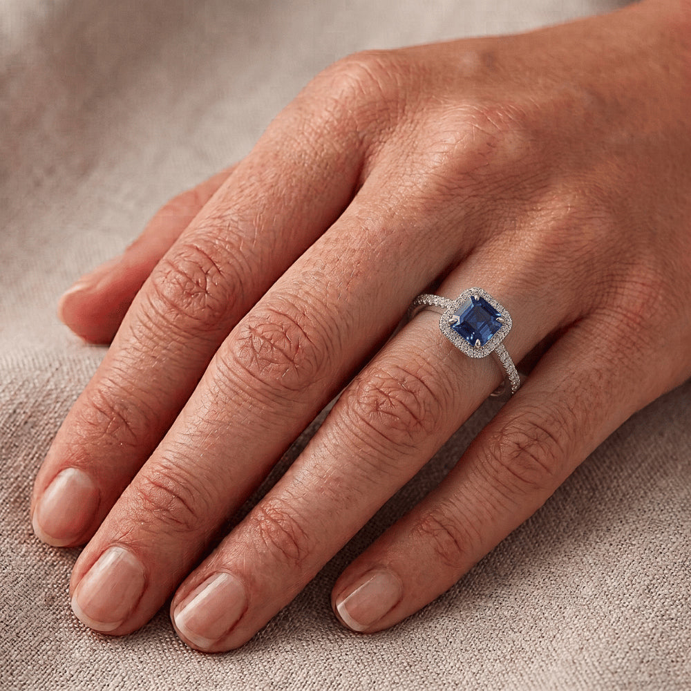 Round Natural Earth Mined Diamond Halo Asscher Blue Sapphire Engagement Ring 1.75 Carats