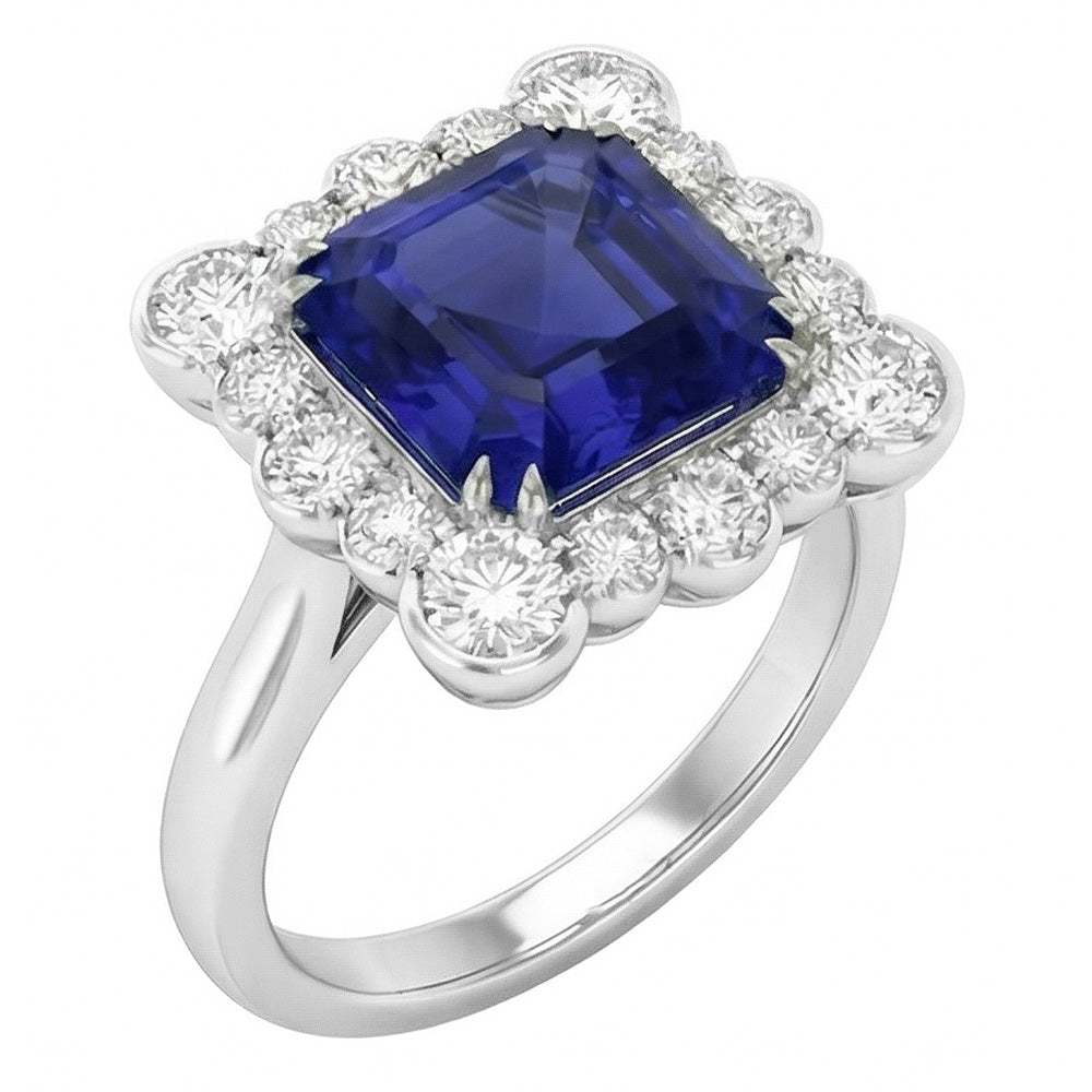 Round Natural Earth Mined Diamond Halo Jewelry Asscher Cut Women Sapphire Ring 3.50 Carats