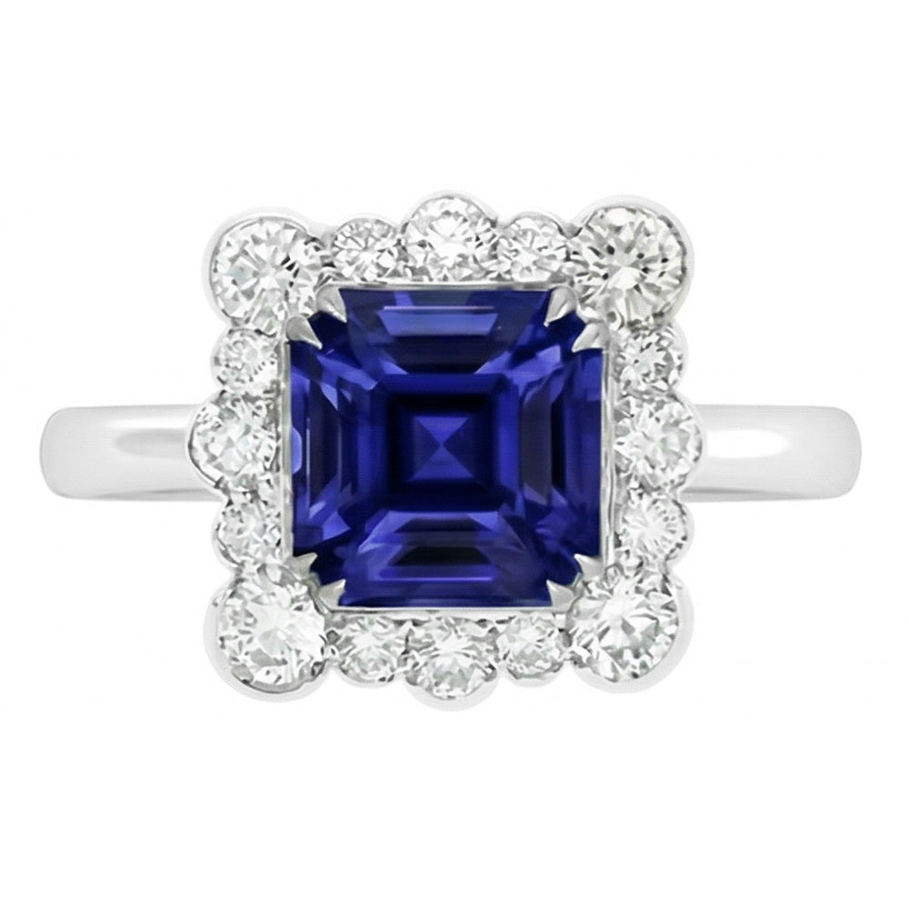 Round Natural Earth Mined Diamond Halo Jewelry Asscher Cut Women Sapphire Ring 3.50 Carats