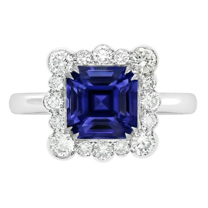 Round Natural Earth Mined Diamond Halo Jewelry Asscher Cut Women Sapphire Ring 3.50 Carats