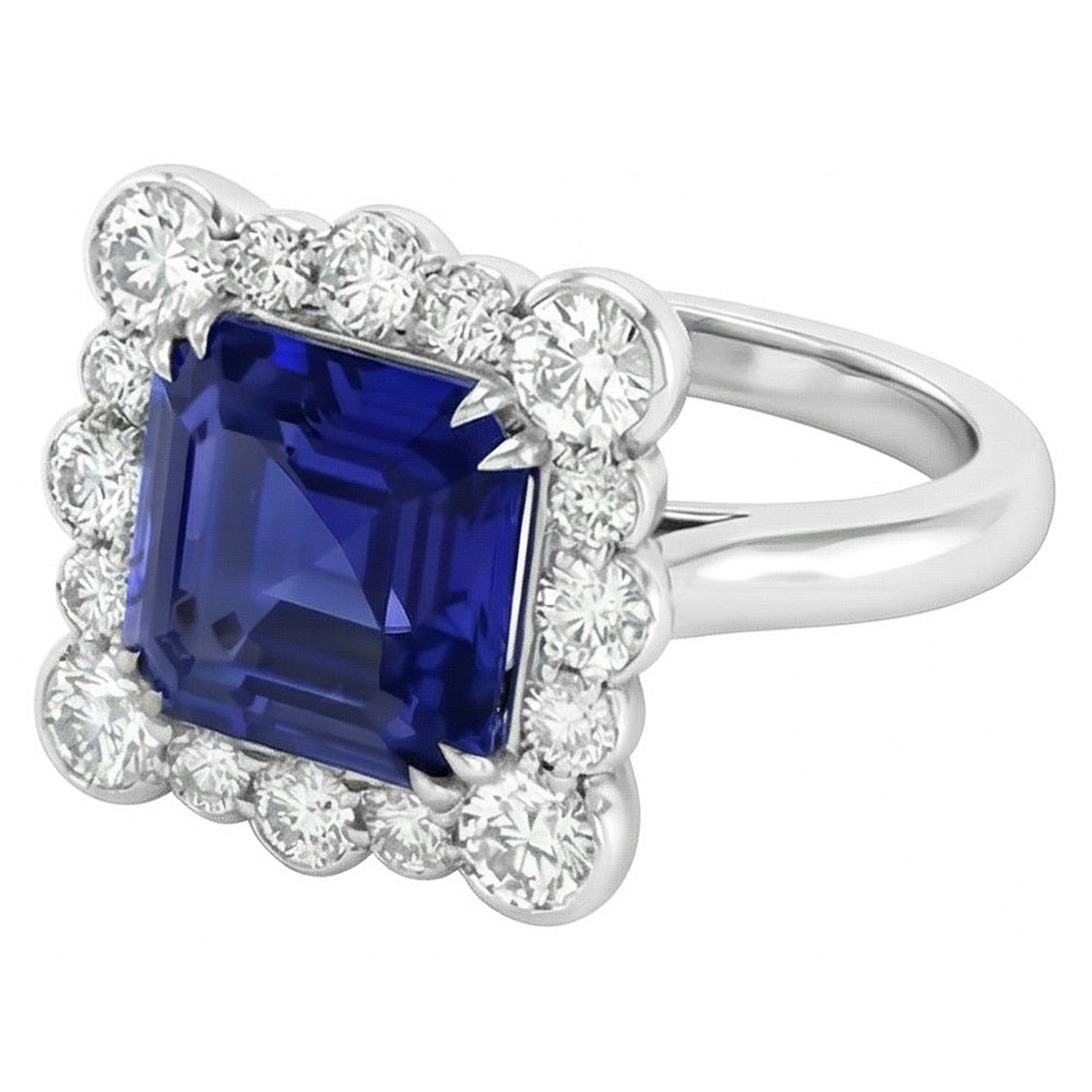 Round Natural Earth Mined Diamond Halo Jewelry Asscher Cut Women Sapphire Ring 3.50 Carats