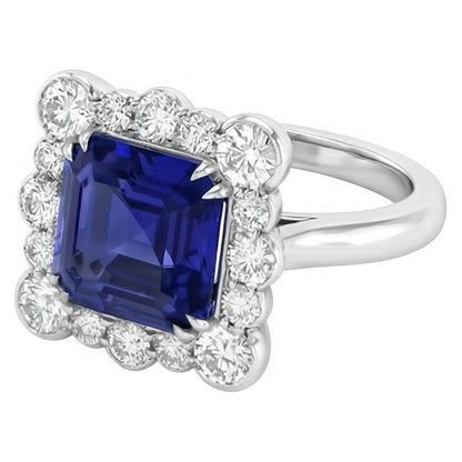 Round Natural Earth Mined Diamond Halo Jewelry Asscher Cut Women Sapphire Ring 3.50 Carats