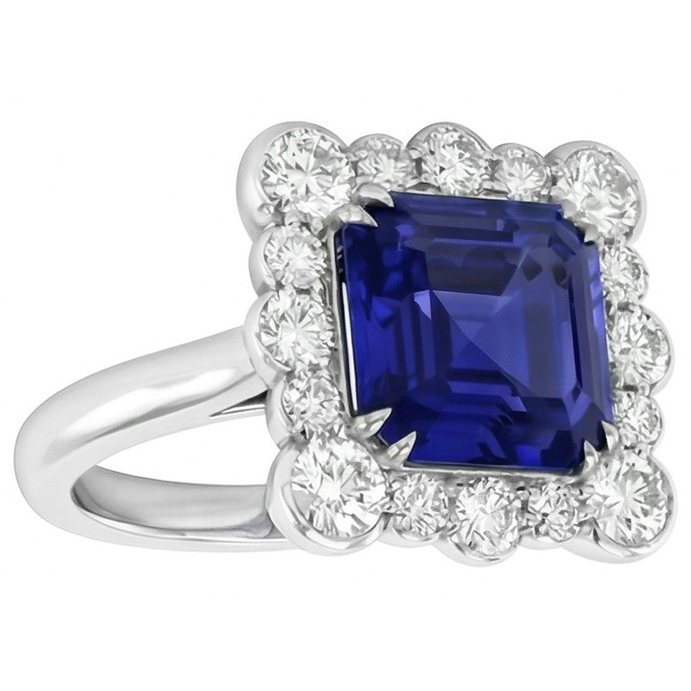 Round Natural Earth Mined Diamond Halo Jewelry Asscher Cut Women Sapphire Ring 3.50 Carats