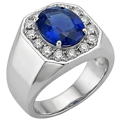 Round Natural Earth Mined Diamond Halo Oval Sapphire Ring Gold Men's Jewelry 3.50 Carats
